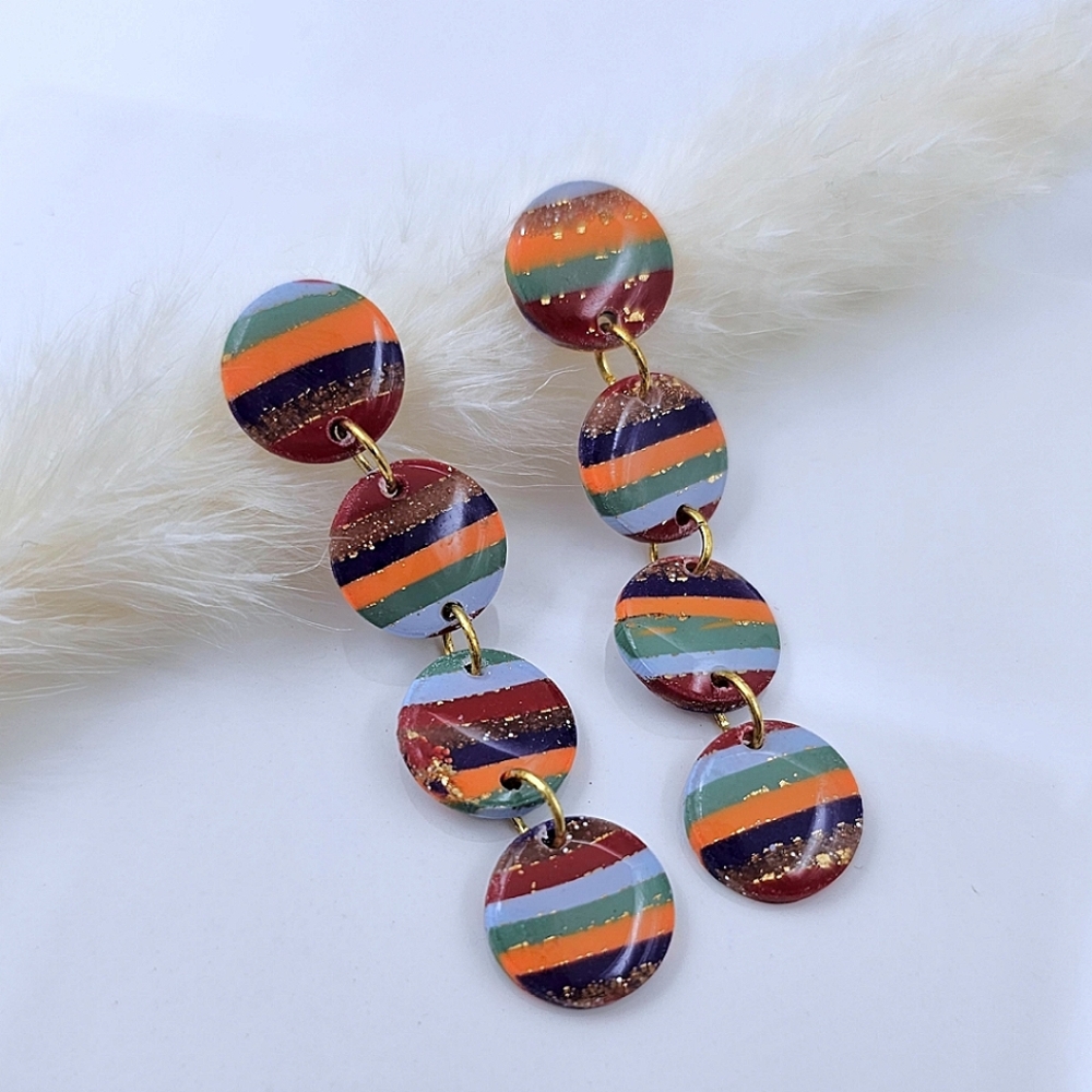 Striped Tiny Circle Dangle Earrings Polymer Clay Handmade Gold Specks Gift Light